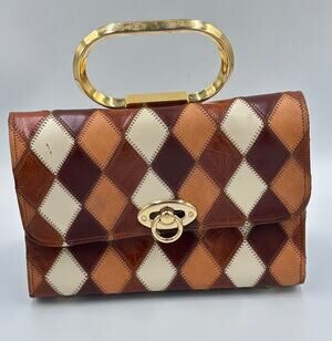 M. Andonio Los Angeles Leather Harlequin Print Pill Box Handbag